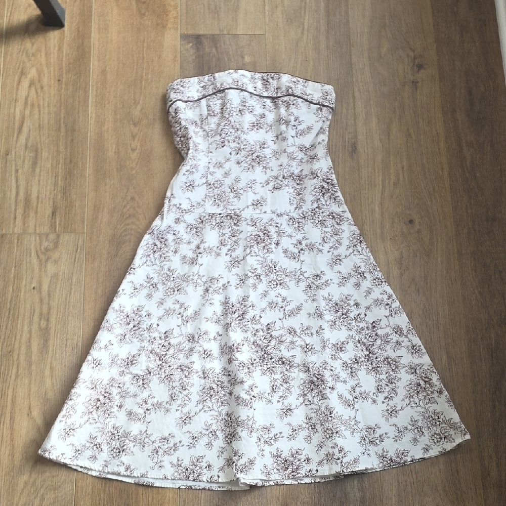 Y2K Strapless A Line Dress Size 3 Brown Floral Print On White